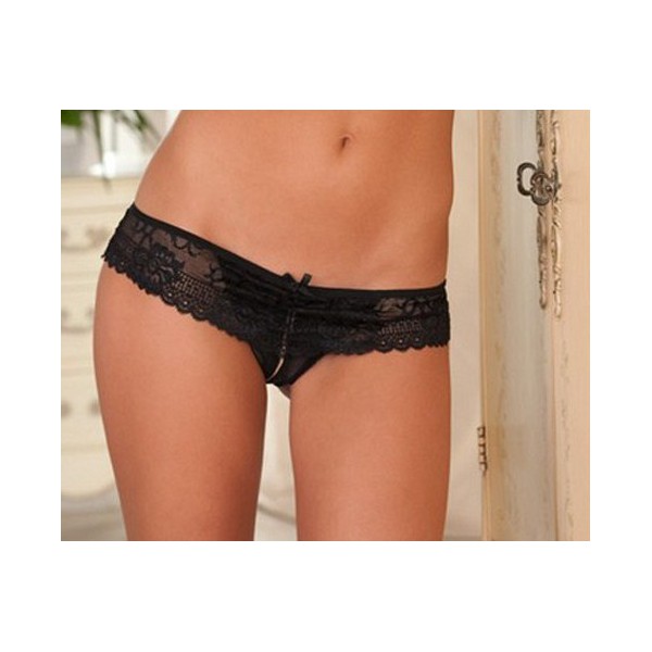 Thong with lace open crotch - Black